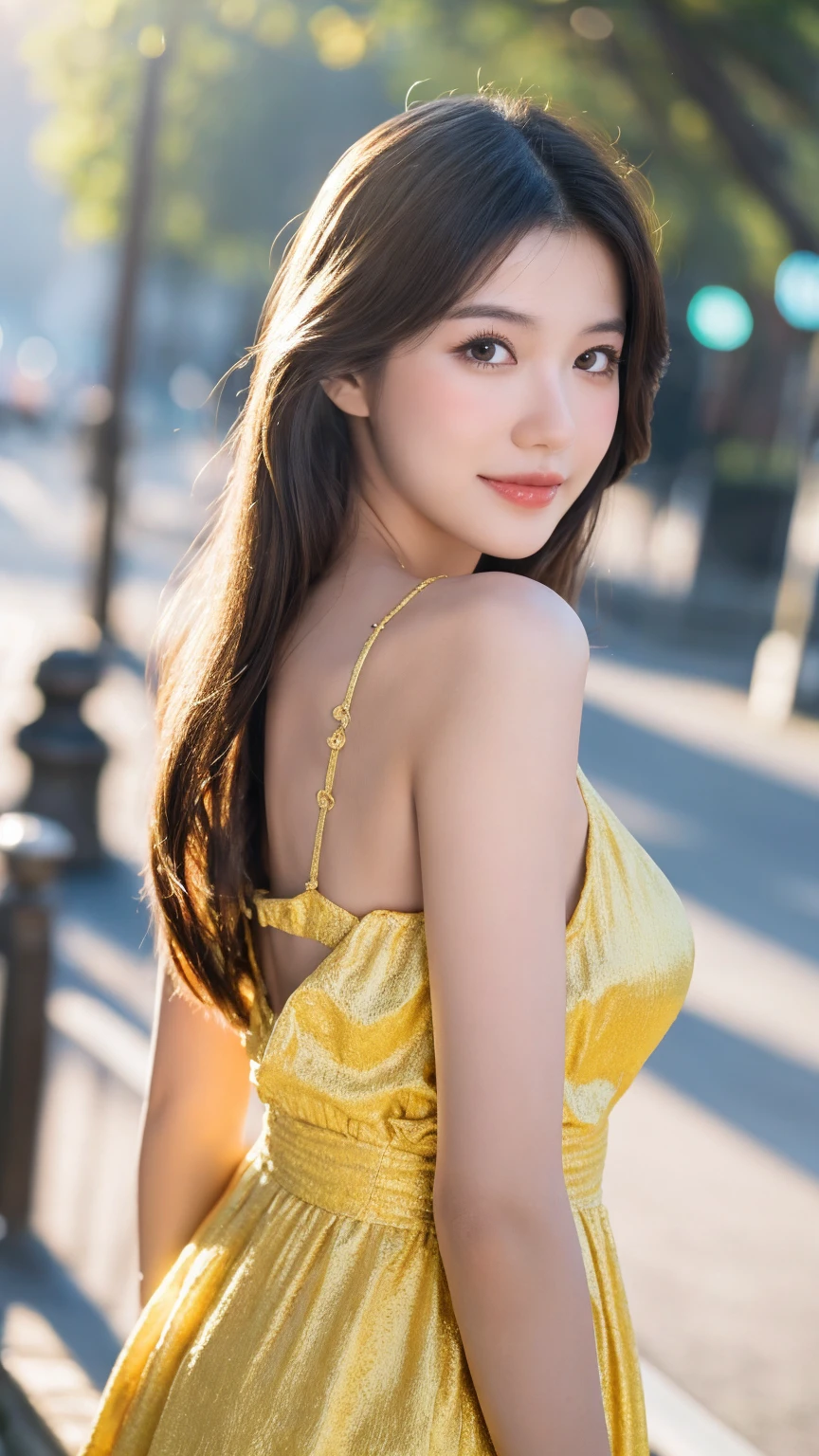 ((Best quality, 8K, masterpiece:1.3))，1girl，18 years old，Asian，Real texture:1.3，(Background blur:1.1)，Gorgeous long dress，Tall and slender figure:1.2，(Hot summer weather)，（street:1.3），Highly detailed face and skin textures，Exquisite eyes，Long eyelashes，Double eyelids，Skin Whitening，happy，Various postures，Big breasts