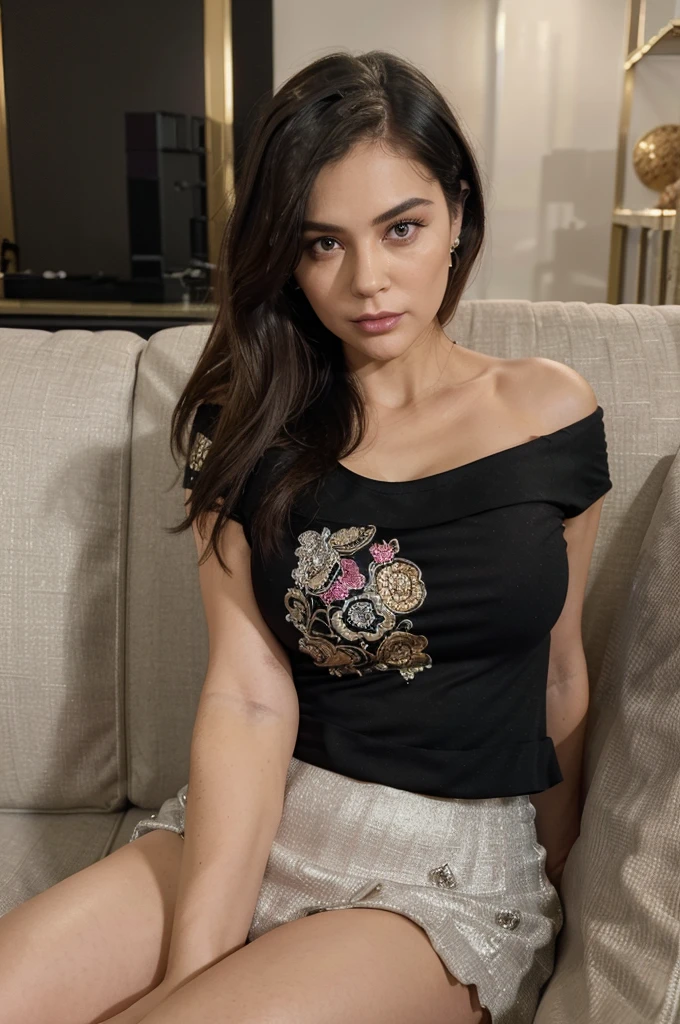 ((Best Quality, 8K, Masterpiece: 1.3)), Focus: 1.2, (Movie Filter: 1.3) Perfect Body Beauty: 1.4, Buttocks: 1.2, (Layered Haircut: 1.2)), , (Sitting on the Sofa: 1.3), Realistic Face and Skin Texture, Full Body, Fine Eyes, Double Eyelids, Long Hair, (Round Face: 1.5), (Black Top: 1.6), Cleavage,1girl in, age 44, diamond face, Looking at Viewer, jewelry, Realistic, A sexy, office attire outfits, multicolored outfits, party background, free pose