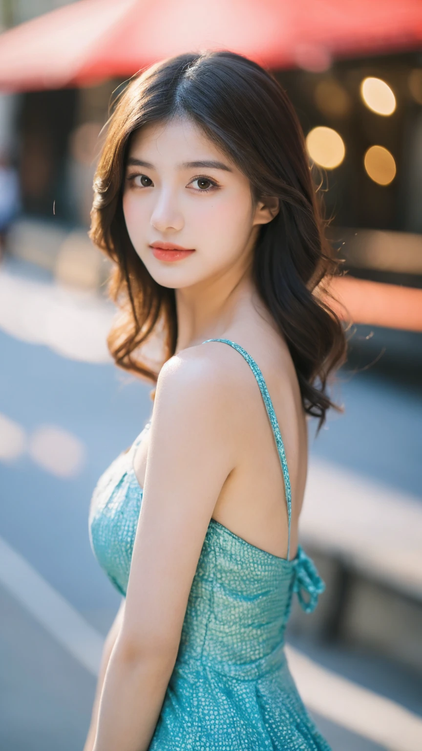 ((Best quality, 8K, masterpiece:1.3))，1girl，18 years old，Asian，Real texture:1.3，(Background blur:1.1)，Gorgeous long dress，Tall and slender figure:1.2，(Hot summer weather)，（street:1.3），Highly detailed face and skin textures，Exquisite eyes，Long eyelashes，Double eyelids，Skin Whitening，happy，Various postures，Big breasts
