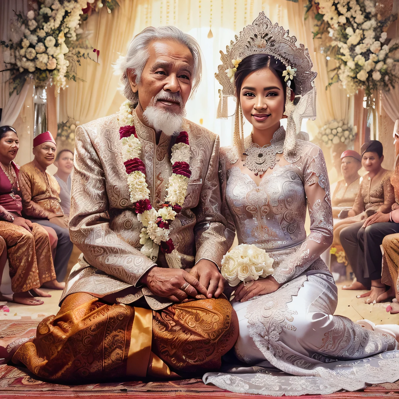 A realistic caricature of an old man wearing a Javanese wedding dress, marrying a young beautiful woman, sitting intimately on the wedding stage