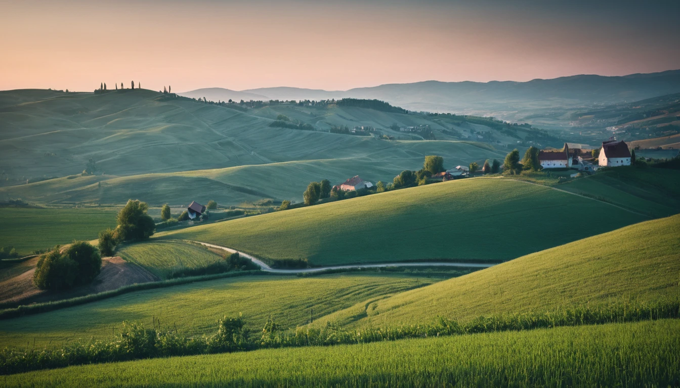 A stunning photograph capturing the essence of a countryside at dusk. The scene features rolling hills, fields, and a winding country road leading to a quaint village in the distance. Crepuscular LIGHTING,in the style of zeiss ikon zm, cluj school, analogue filmmaking, fujifilm provia 400x, luminous shadows, renaissance-inspired chiaroscuro, minimalist backgrounds - HDRI.