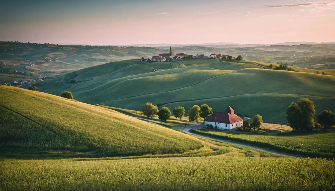 A stunning photograph capturing the essence of a countryside at dusk. The scene features rolling hills, fields, and a winding country road leading to a quaint village in the distance. Crepuscular LIGHTING,in the style of zeiss ikon zm, cluj school, analogue filmmaking, fujifilm provia 400x, luminous shadows, renaissance-inspired chiaroscuro, minimalist backgrounds - HDRI.