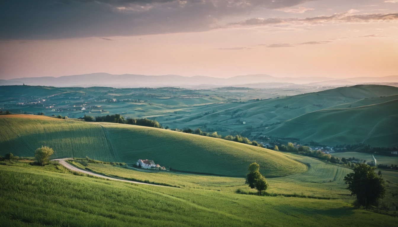 A stunning photograph capturing the essence of a countryside at dusk. The scene features rolling hills, fields, and a winding country road leading to a quaint village in the distance. Crepuscular LIGHTING,in the style of zeiss ikon zm, cluj school, analogue filmmaking, fujifilm provia 400x, luminous shadows, renaissance-inspired chiaroscuro, minimalist backgrounds - HDRI.