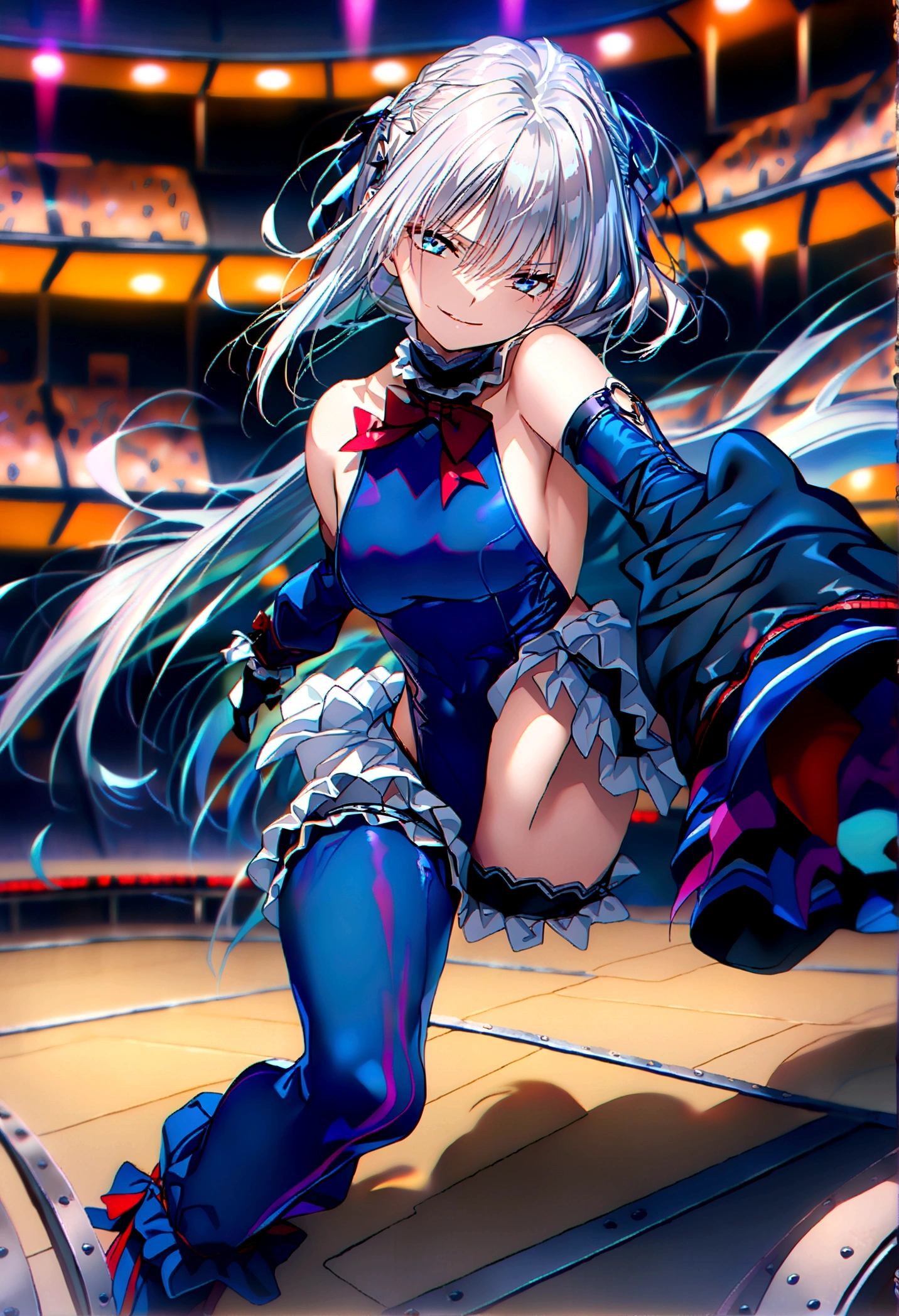 12k, ultra hi resolution picture, 1girl, full body,dark aura,evil smile, masterpiece, best quality, very aesthetic, absurdres, anime artwork, anime style, key visual, vibrant, Studio Anime, highly detailed,1girl,(Silver Hair:1.4),Very long hair,(Arena:1.4), frilled choker, red bowtie, blue one-piece swimsuit, frilled swimsuit, blue sleeves, detached sleeves, gloves, blue thighhighs, frilled thighhighs