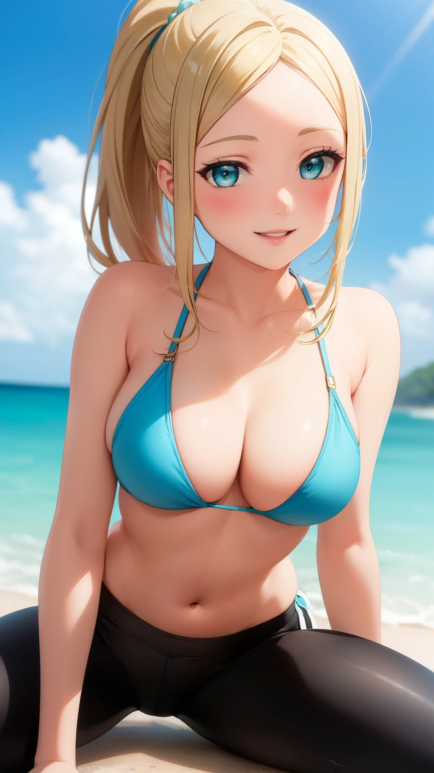 masterpiece, best quality, highly detailed, ultra high res, ayase arisa, 1girl, solo, hair ornament, long blonde hair, glossy lips, medium breasts, aqua eyes, ponytail, yoga pants, light smile, bikini top