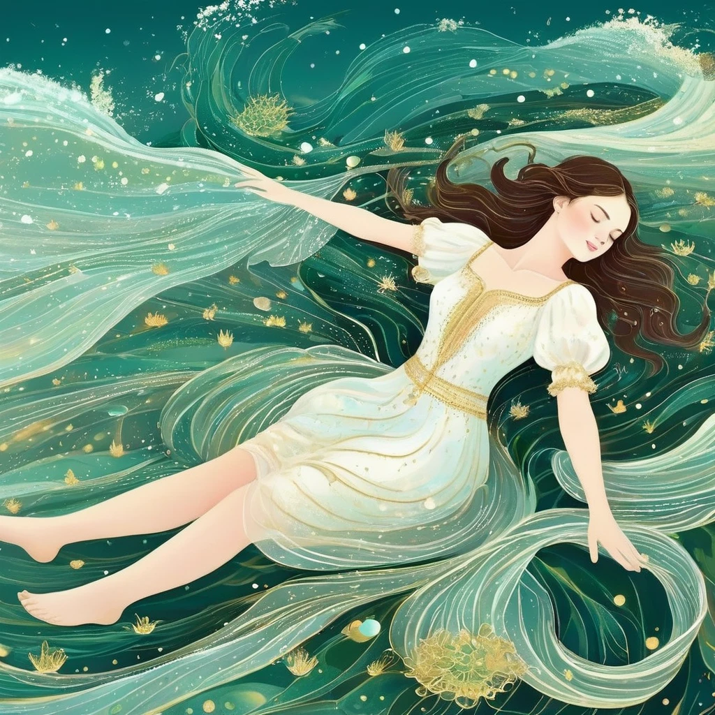 A girl wearing a white dress is lying calmly in the blue seawater with her eyes closed. The water shimmers with sparkling light, and the waves are emerald green. Her skin is so white that it sparkles. Illustrative art, Ophelia, 1851 theme, Instagram style, young and beautiful Chinese female model, Kawachi skating rink style, ventilation, Mercury, natural light,in style of data visualization design, beautiful detailed