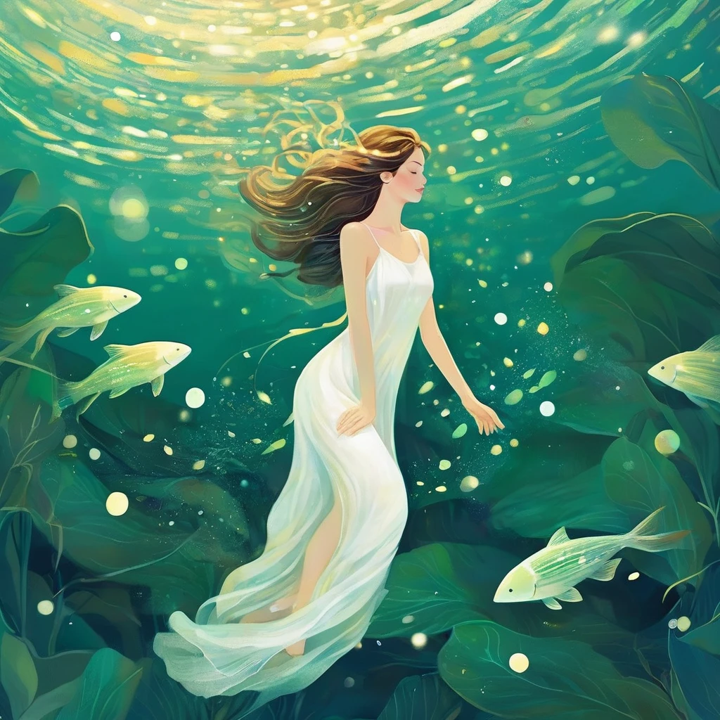 A girl wearing a white dress is lying calmly in the blue seawater with her eyes closed. The water shimmers with sparkling light, and the waves are emerald green. Her skin is so white that it sparkles. Illustrative art, Ophelia, 1851 theme, Instagram style, young and beautiful Chinese female model, Kawachi skating rink style, ventilation, Mercury, natural light,in style of data visualization design, beautiful detailed