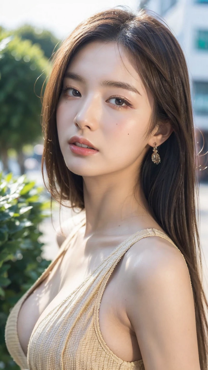 ((Best quality, 8K, masterpiece:1.3)),1girl,18 years old,Asian,Real texture:1.3,(Background blur:1.3),Gorgeous long dress,Tall and slender figure:1.2,(Hot summer weather),(street:1.3),Highly detailed face and skin textures,Exquisite eyes,Long eyelashes,Double eyelids,Skin Whitening,happy,Big breasts