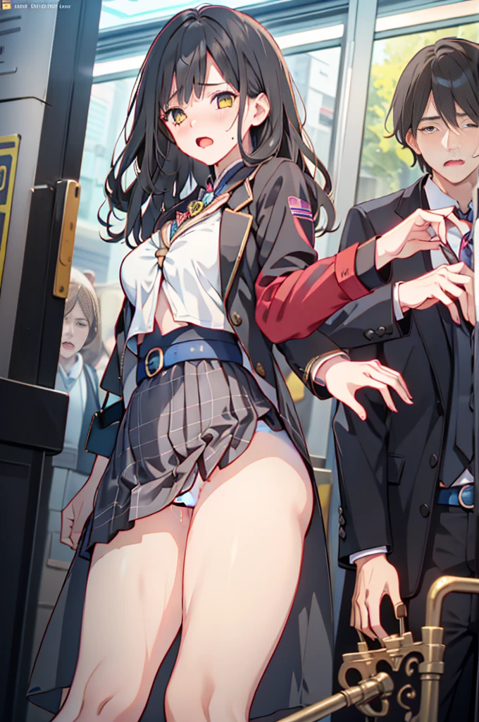 (masterpiece, best quality), 1girl, 1boy, grabbing another's ass, skirt tug, lower body, from below, ass focus, looking down break girl, blazer, checked skirt, black long hair, yellow eyes, white panties, polka dots panties, embarrassed, (tears:1), pussy juice trail break background, in train, (crowd:1.2)