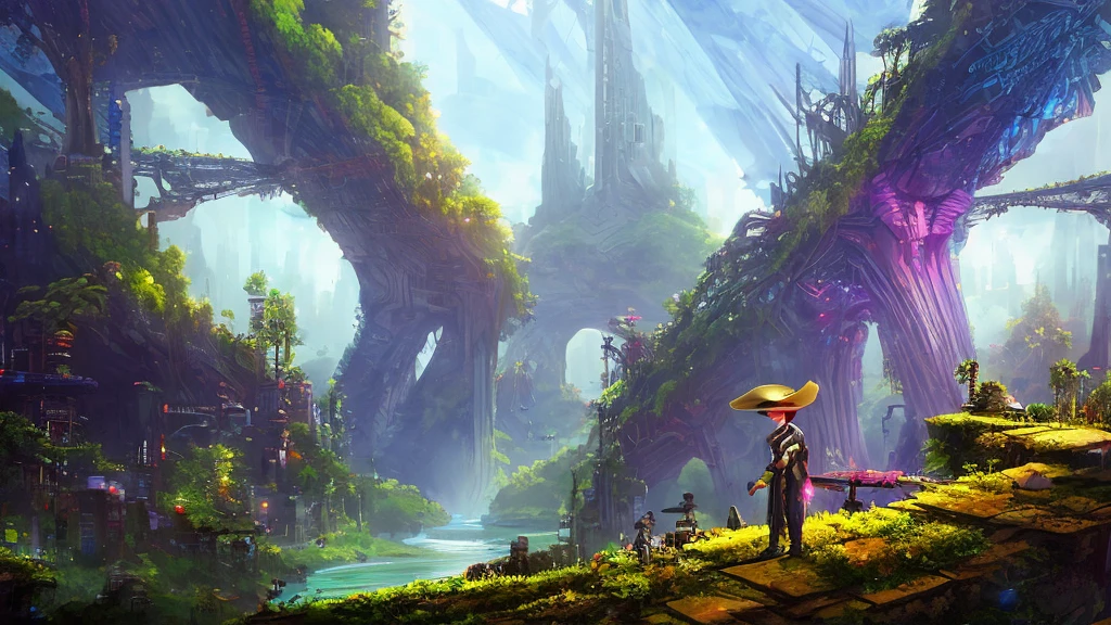 8K, Alien wearing a top hat and smoking a cigarette, Hyper, cyber punk, Made from ruins, Skyscraper, Taipei City, Painting of a tree with a bridge, Fantasy valley with trees, Highly detailed fantasy, Fantasy Tree, Colorful detailed dreamscape, Cosmic Tree of Life, Boy looking at pictures
