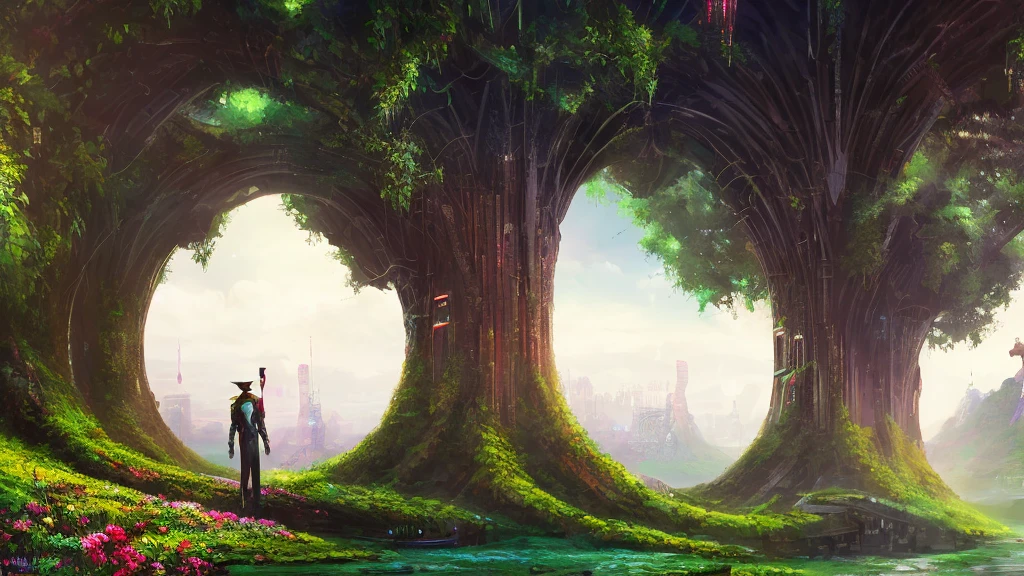 8K, Alien wearing a top hat and smoking a cigarette, Hyper, cyber punk, Made from ruins, Skyscraper, Taipei City, Painting of a tree with a bridge, Fantasy valley with trees, Highly detailed fantasy, Fantasy Tree, Colorful detailed dreamscape, Cosmic Tree of Life, Boy looking at pictures