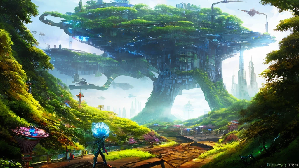8K, Alien wearing a top hat and smoking a cigarette, Hyper, cyber punk, Made from ruins, Skyscraper, Taipei City, Painting of a tree with a bridge, Fantasy valley with trees, Highly detailed fantasy, Fantasy Tree, Colorful detailed dreamscape, Cosmic Tree of Life, Boy looking at pictures