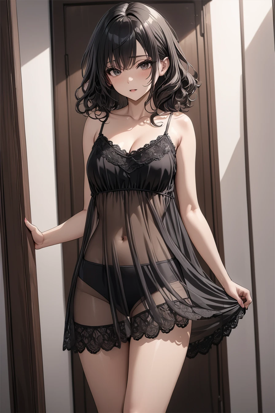 masterpiece,best quality,ultra detailed ,1girl ,black hair ,medium hair ,wavy hair Full-Body Shot (see-through camisole:1.2)
