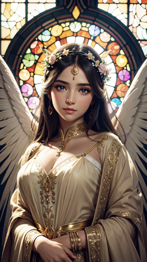beautiful detailed eyes, beautiful detailed lips, extremely detailed eyes and face, long eyelashes, 1 girl, frontal face, determined expression, (large open angel wings:1.1), Alphonse Mucha style, complex floral background, vivid colors, warm tones, soft lighting, (best quality,4k,8k,highres,masterpiece:1.2),ultra-detailed,(realistic,photorealistic,photo-realistic:1.37),vector art,stained glass,beautiful vintage angel woman