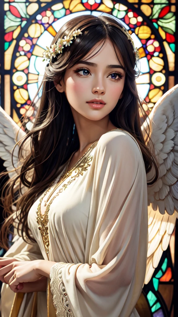 beautiful detailed eyes, beautiful detailed lips, extremely detailed eyes and face, long eyelashes, 1 girl, frontal face, determined expression, (large open angel wings:1.1), Alphonse Mucha style, complex floral background, vivid colors, warm tones, soft lighting, (best quality,4k,8k,highres,masterpiece:1.2),ultra-detailed,(realistic,photorealistic,photo-realistic:1.37),vector art,stained glass,beautiful vintage angel woman