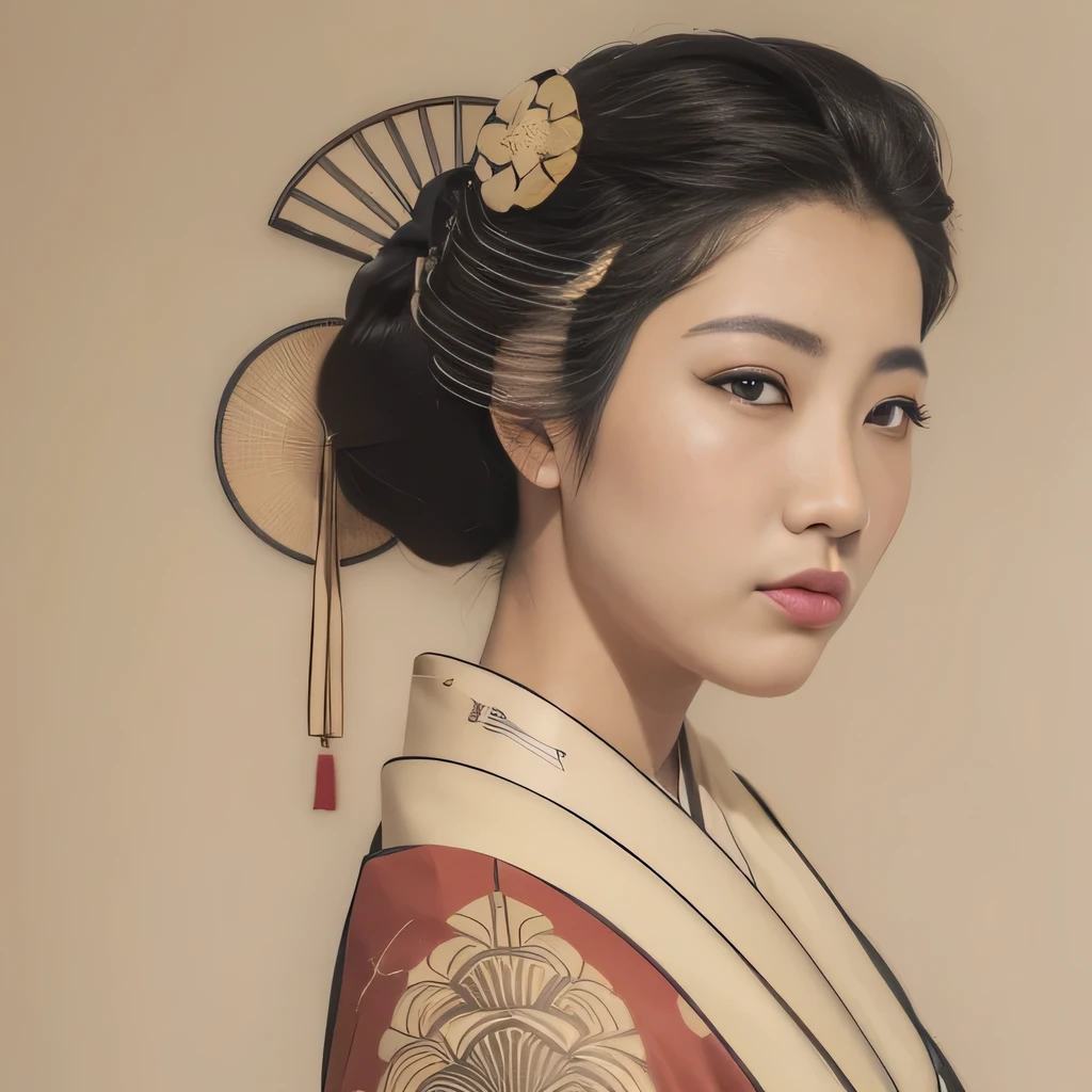 Masterpiece artwork, a close up of a woman with a fan and a flower in her hair, portrait of geisha, inspired by Itō Shinsui, portrait of a geisha bonita, inspired by Uemura Shōen, portrait of a geisha, elegant japanese woman, in the art style of ukiyo - e, japanese geisha, japanese art style, Japanese woman.