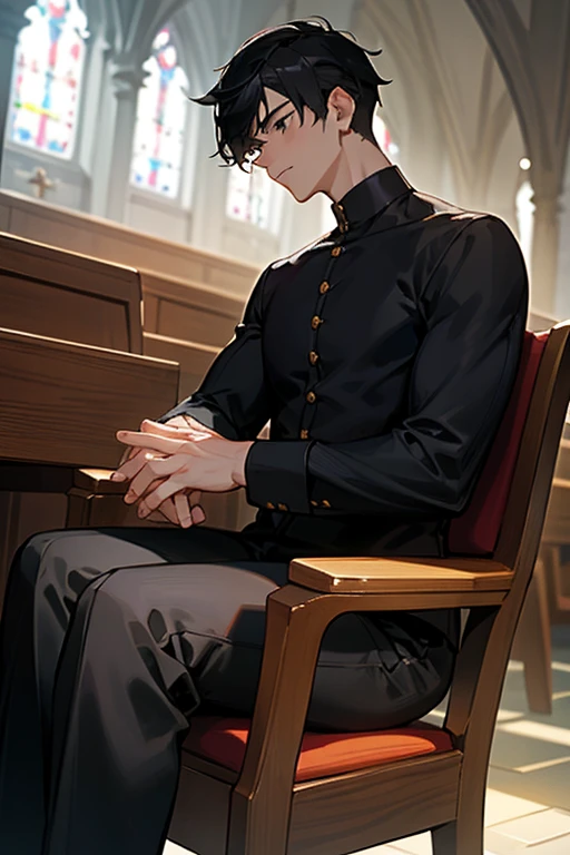 Handsome young man, handsome, short black hair, black eyes, large body, black long-sleeved shirt. Black trousers, Christian church, sitting and praying