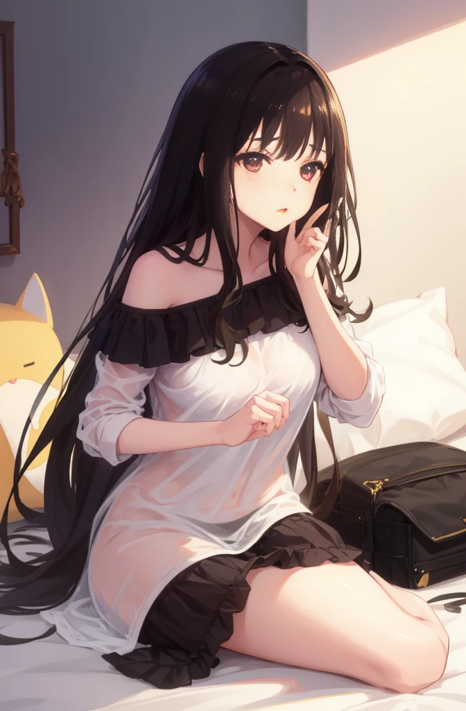 Black Hair、Semi-long hair、Blushing、In underwear、I can see her panties、M-shaped legs、On the bed、Glamorous expression、Random pose、Glamorous expression、