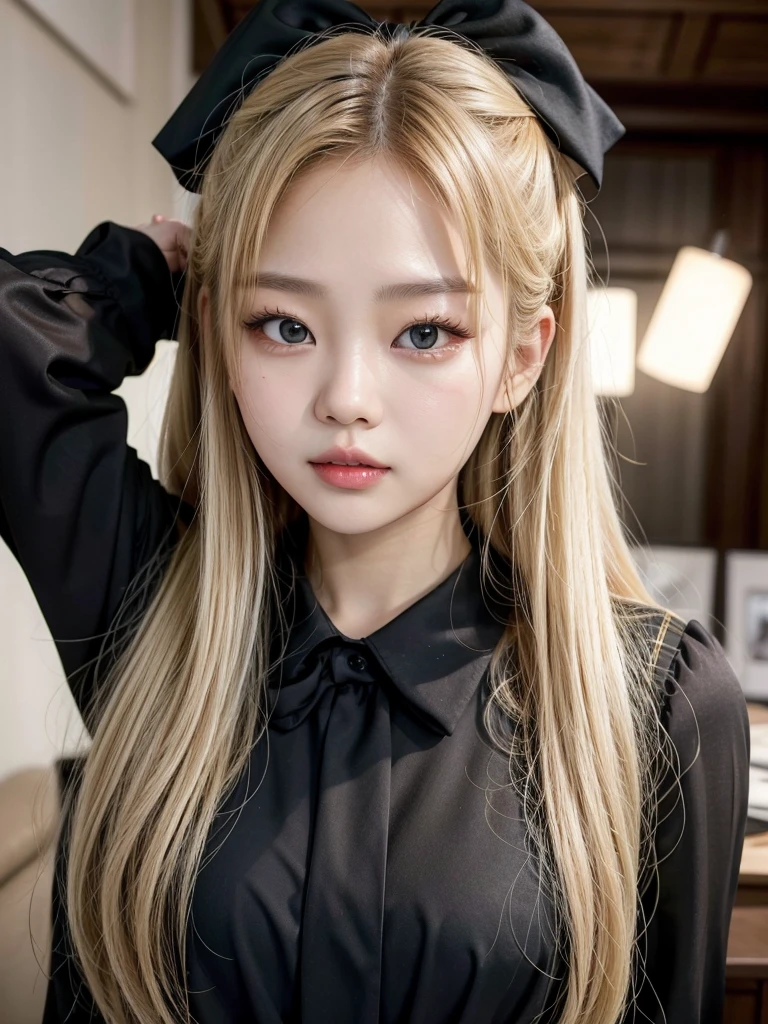 Jennie Kim with blonde hair wearing a bow, cute face and a black blouse