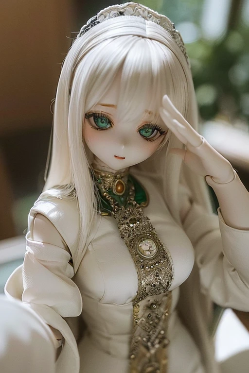 photorealistic, realistic photo, ((highest quality)), ((masterpiece)), (extremely detailed), kukolnydom, doll, (mature woman:1.7), solo, dynamic pose, green eyes, (looking at another, blank eyes, empty eyes, detailed eyes, white panties:1.3), light smile, dress, museum, 8k