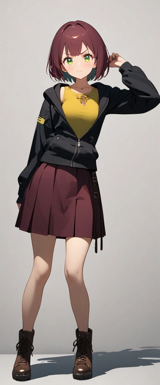 girl, burgundy short hair, lime green eyes, droopy eyes,slender body,small breasts,black hooded jacket,yellow green blouse,burgundy skirt,standing,facing viewer,contrapposto,full body, 
frown