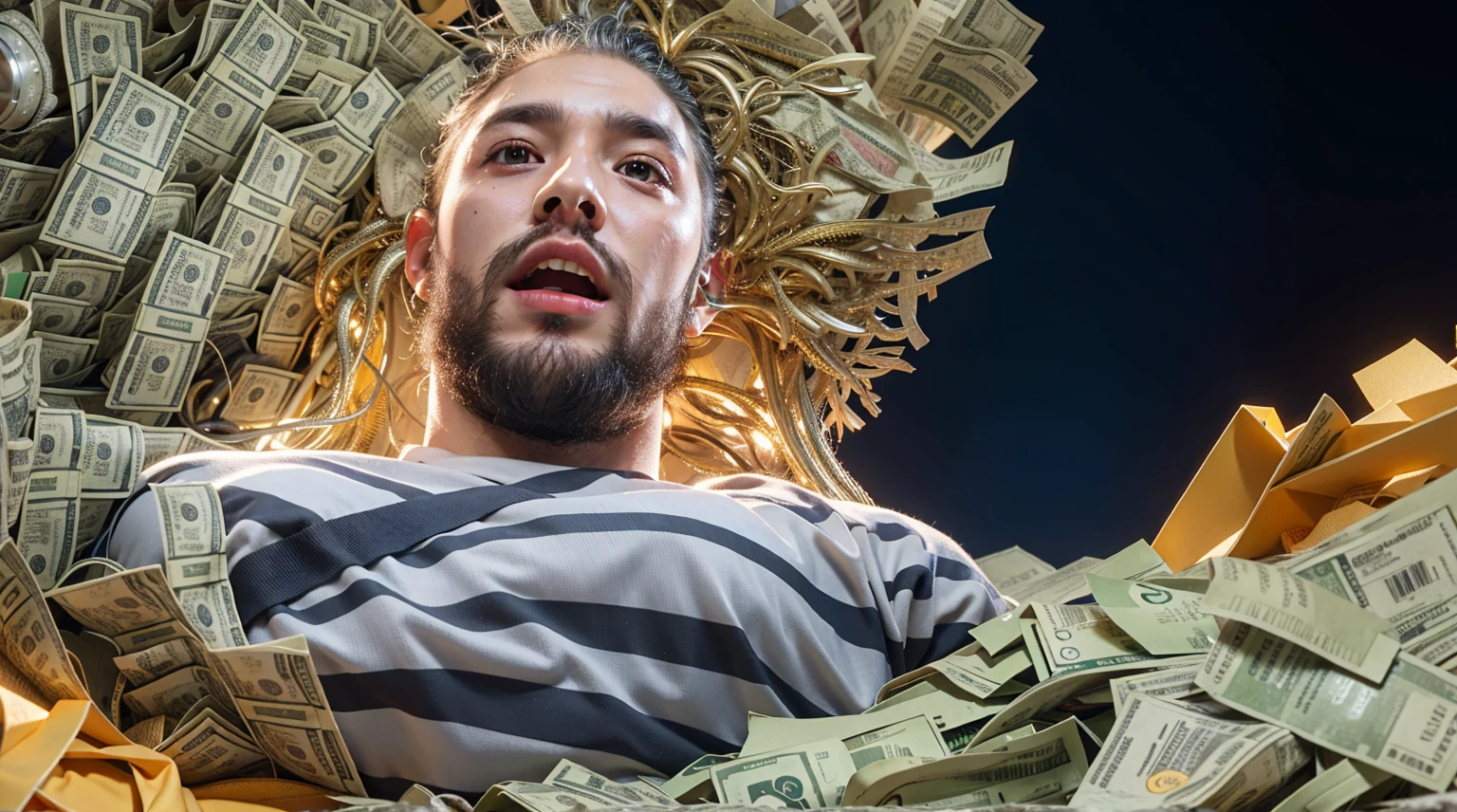 man, money, 8k,raw photo,best quality, octane render, masterpiece (photorealistic:1.2), professional lighting extremely detailed face, light on the face, cinematic lighting, highly detailed