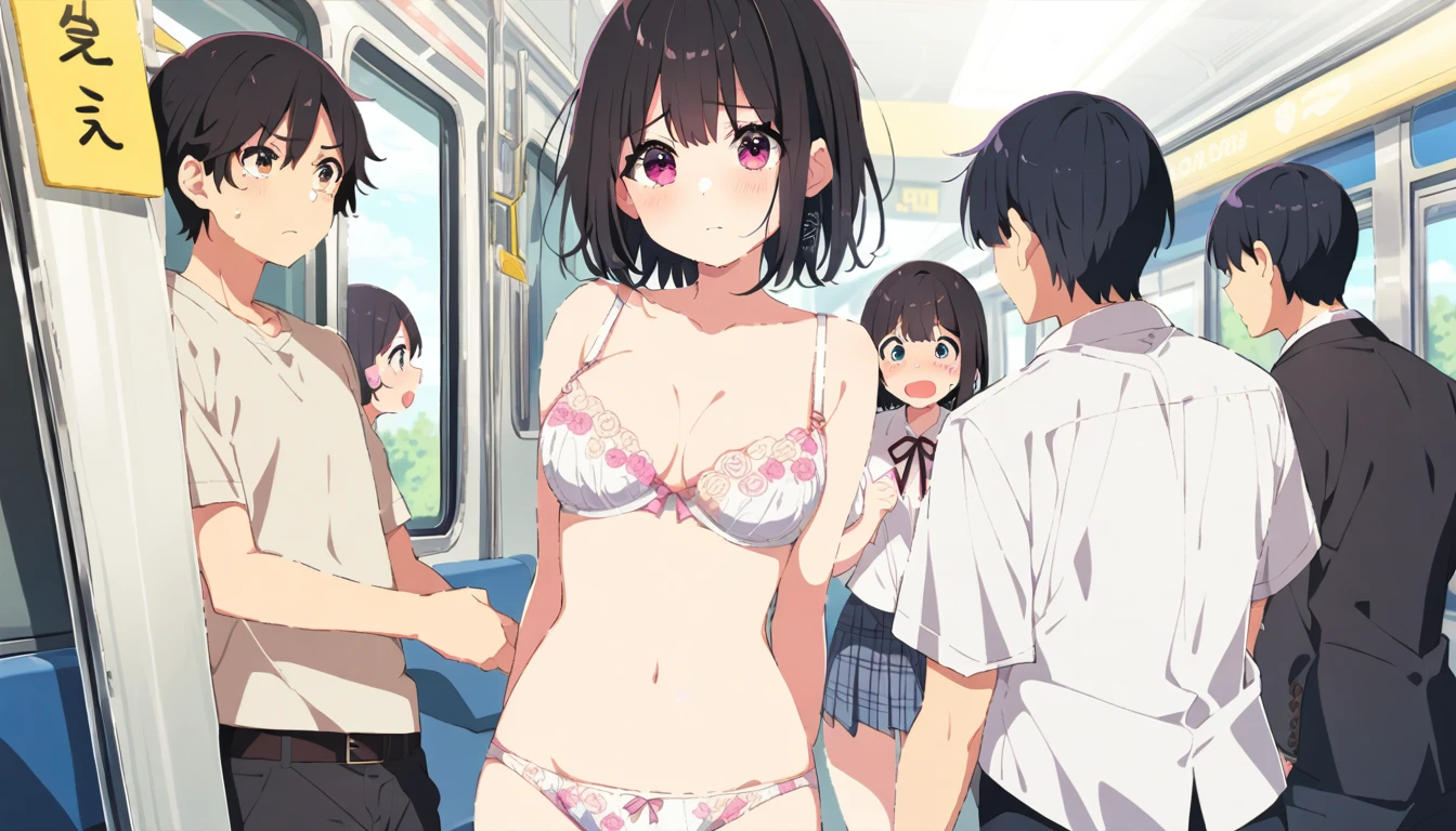 A naked middle-aged man is touching the crotch of a crying girl with black bob hair, pure and innocent, with erect nipples, pale pubic hair, a floral bra, floral panties and a checked skirt, who is shy and scared and resists, standing on a train.、whole body