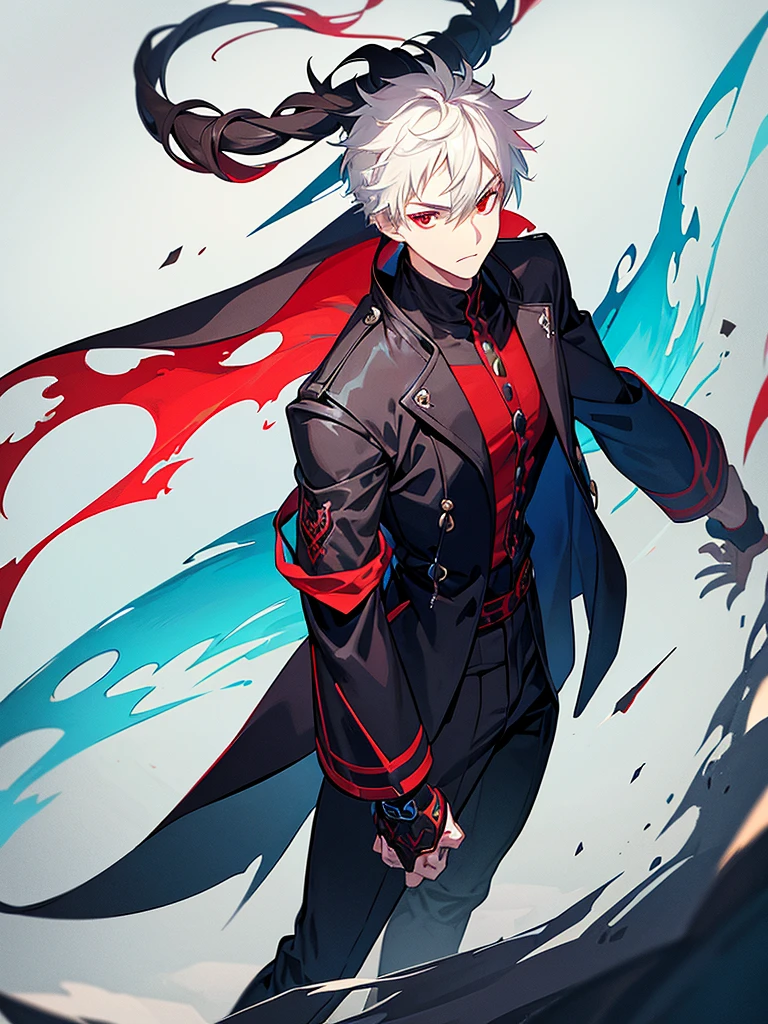 A front of a young man with short white hair, red eyes, masculine face. Wearing a black cloack with blue details. He is standing, looking to the side. On a center of a rpg scenario. Dungeons and Dragons art direction, studio ghibli Style