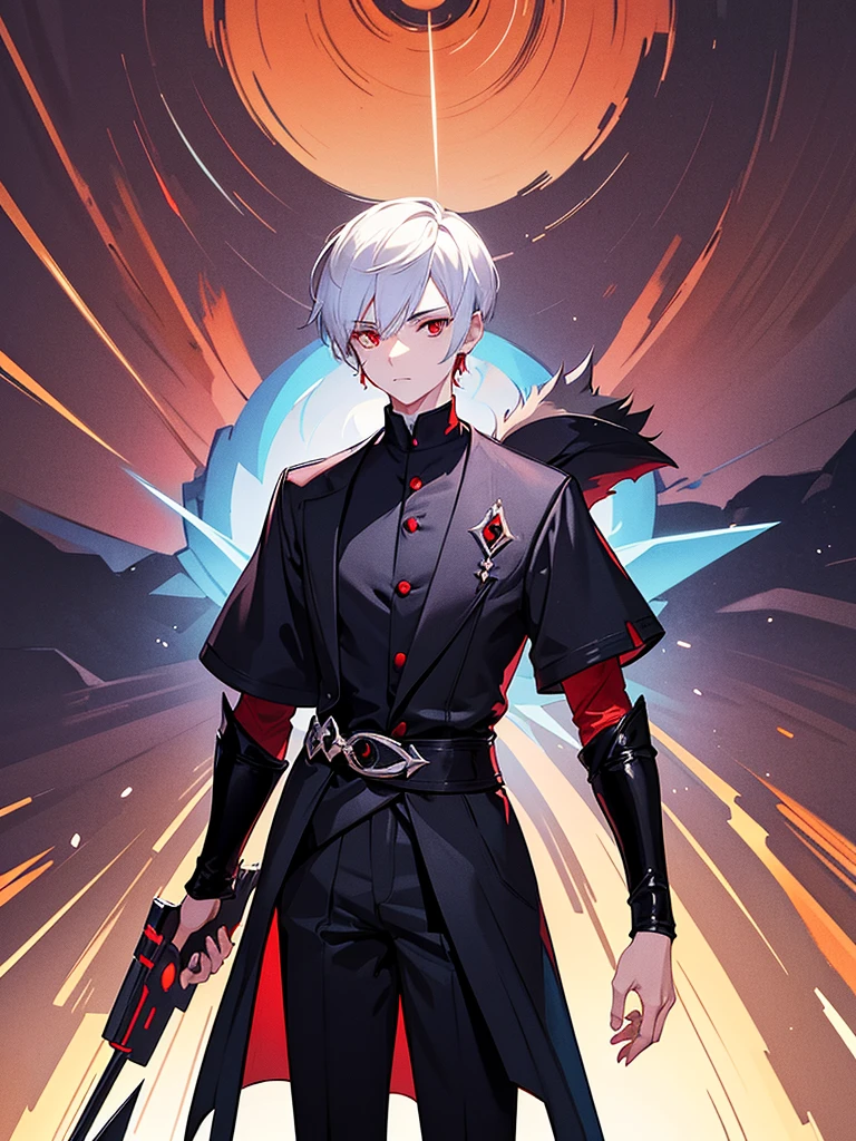 A front of a young man with short white hair, red eyes, masculine face. Wearing a black cloack with blue details. He is standing, looking to the side. On a center of a rpg scenario. Dungeons and Dragons art direction, studio ghibli Style