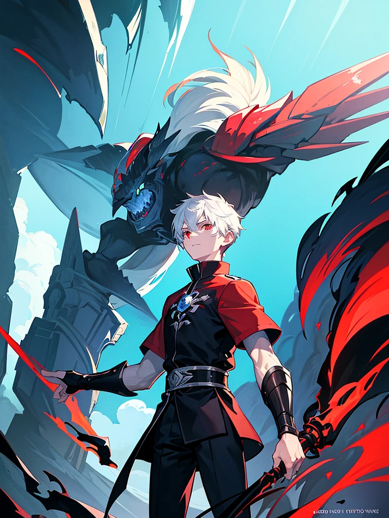 A front of a young man with short white hair, red eyes, masculine face. Wearing a black cloack with blue details. He is standing, looking to the side. On a center of a rpg scenario. Dungeons and Dragons art direction, studio ghibli Style