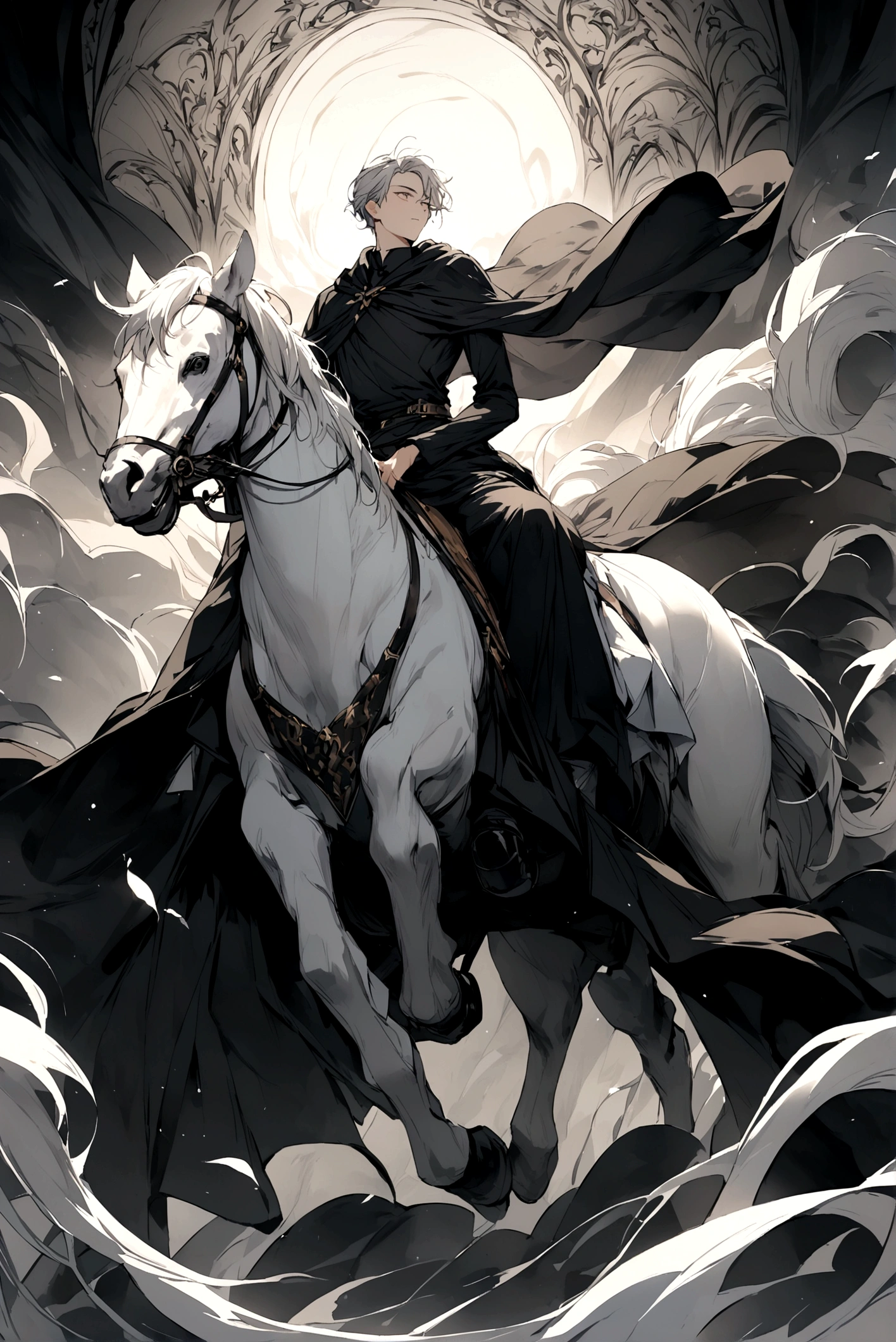 A young man wore an old black cloak that covered all of his body and rode on a pure white steed.

