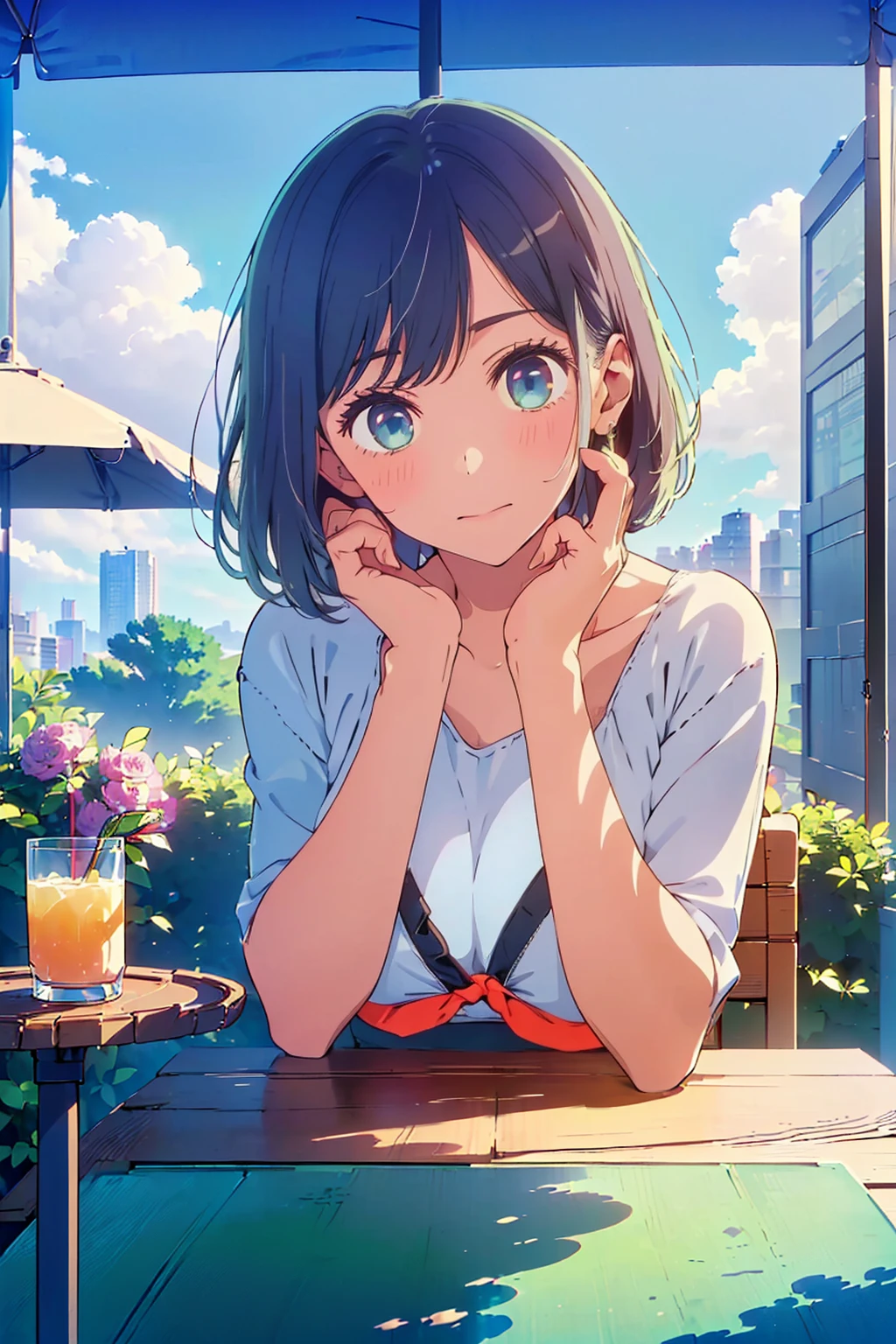 (Highest quality:1.4、masterpiece:1.4、Super detailed:1.4、Ultra-high resolution:1.4、8K:1.4)、Slim body、Big Breasts、((((1 person、Surprised expression、sit、Chair、In the background are the urban buildings of Tokyo、looking at the camera、Outdoor café terrace、juice、Get up close and take a photo、table、Very cute face))))、((((nude、very beautiful areola))))、(Pose with hands tucked behind ears:1.4、Cheek resting on hand:1.4)、(((Take off the bikini)))、Very blue sky、A completely cloudless sky