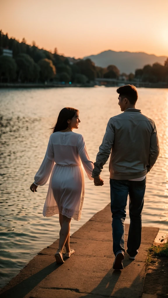a couple holding their hands walking next to the lake, sunset, romantic