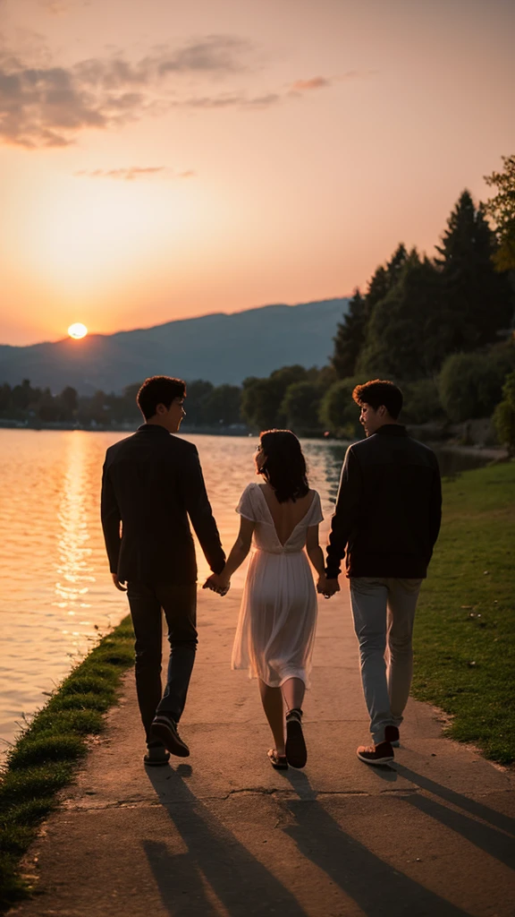 a couple holding their hands walking next to the lake, sunset, romantic