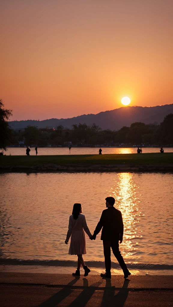 a couple holding their hands walking next to the lake, sunset, romantic