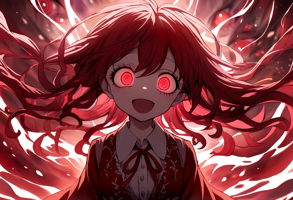 Too many Crazy eyes laughing Yandere Crazy anime girl. Looking. Red Shining eyes.
