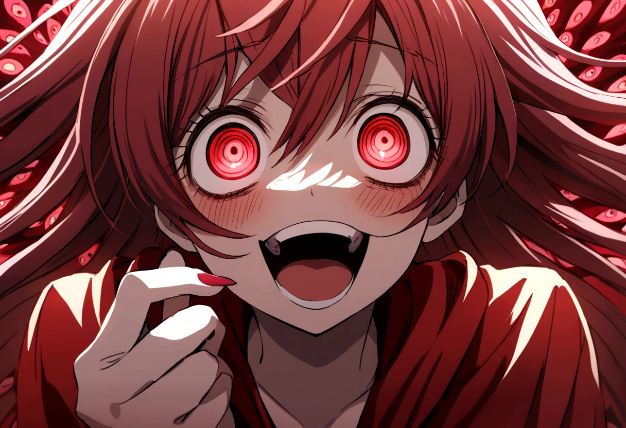 Too many Crazy eyes laughing Yandere Crazy anime girl. Looking. Red Shining eyes.