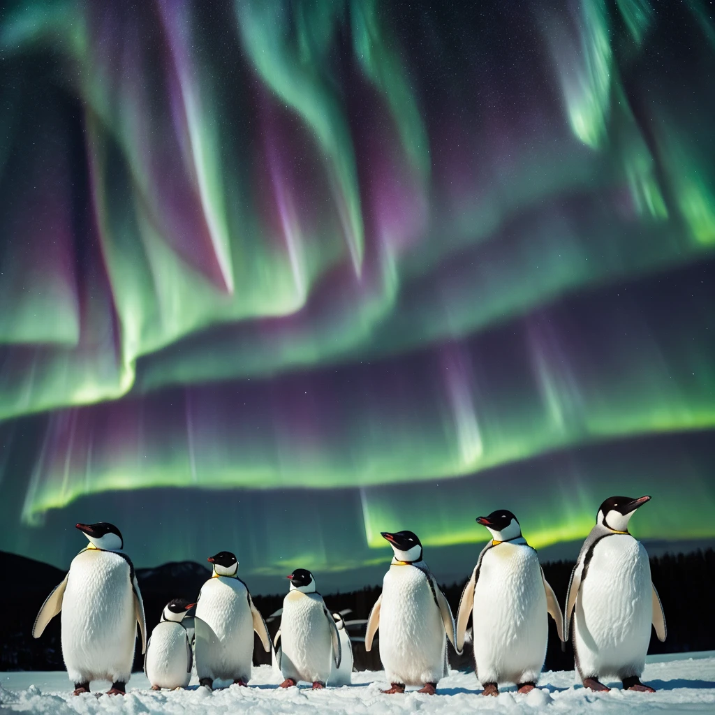 Aurora Borealis and Penguins, masterpiece, Super detailed, Highest quality  