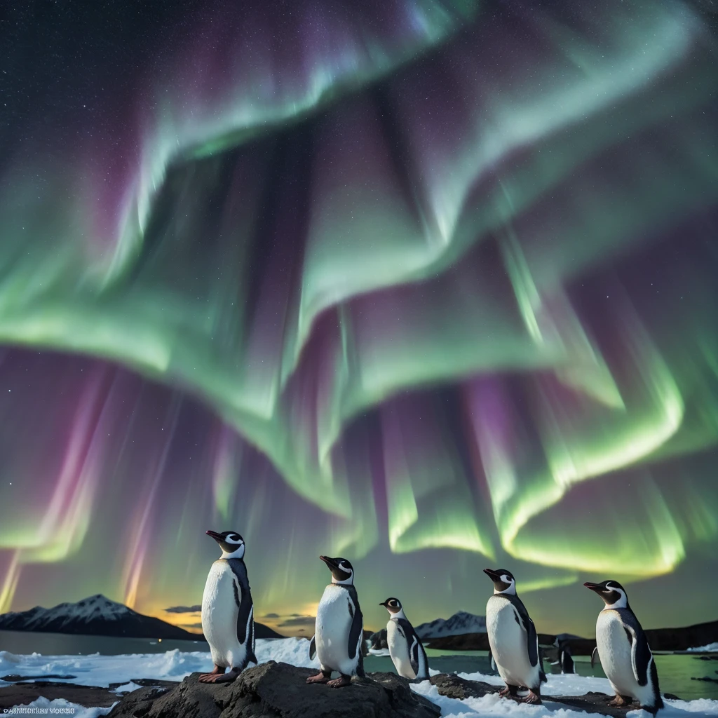 Aurora Borealis and Penguins, masterpiece, Super detailed, Highest quality  