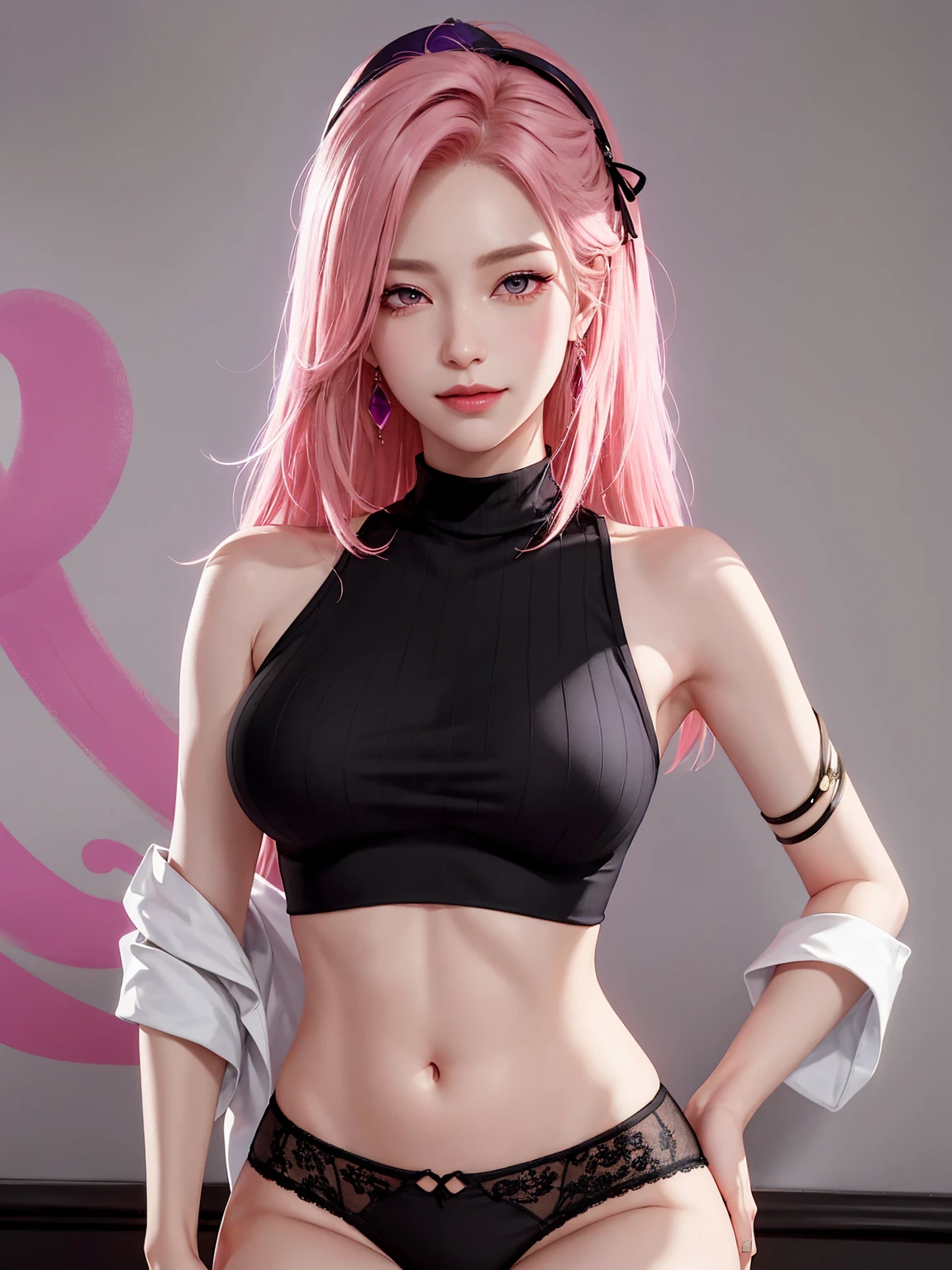 (Masterpiece, best quality, 1 girl, alone, complicated details, Chromatic aberration), realistic, ((Moderate breath)),long hair, pink hair, Red headpiece, Pink Highlights, hair on one eye,purple eyes, earring, sharp eyes, choker, Neon coat, She wears a collar, bangle, and kimono style garters., crop top, (symmetrical eyes),(Perfect symmetrical body),against the wall, Brick wall, (colorful graffiti words on the wall:1.2), The light is dim., alley ,Look at the viewer.、Dig the chest、smile、(sleeveless、Navel touch、Fitted turtleneck.)、street string hot pants、Thin bottom、Please build above the eaves..、Thin shoulders、in underwear、in sportbar、