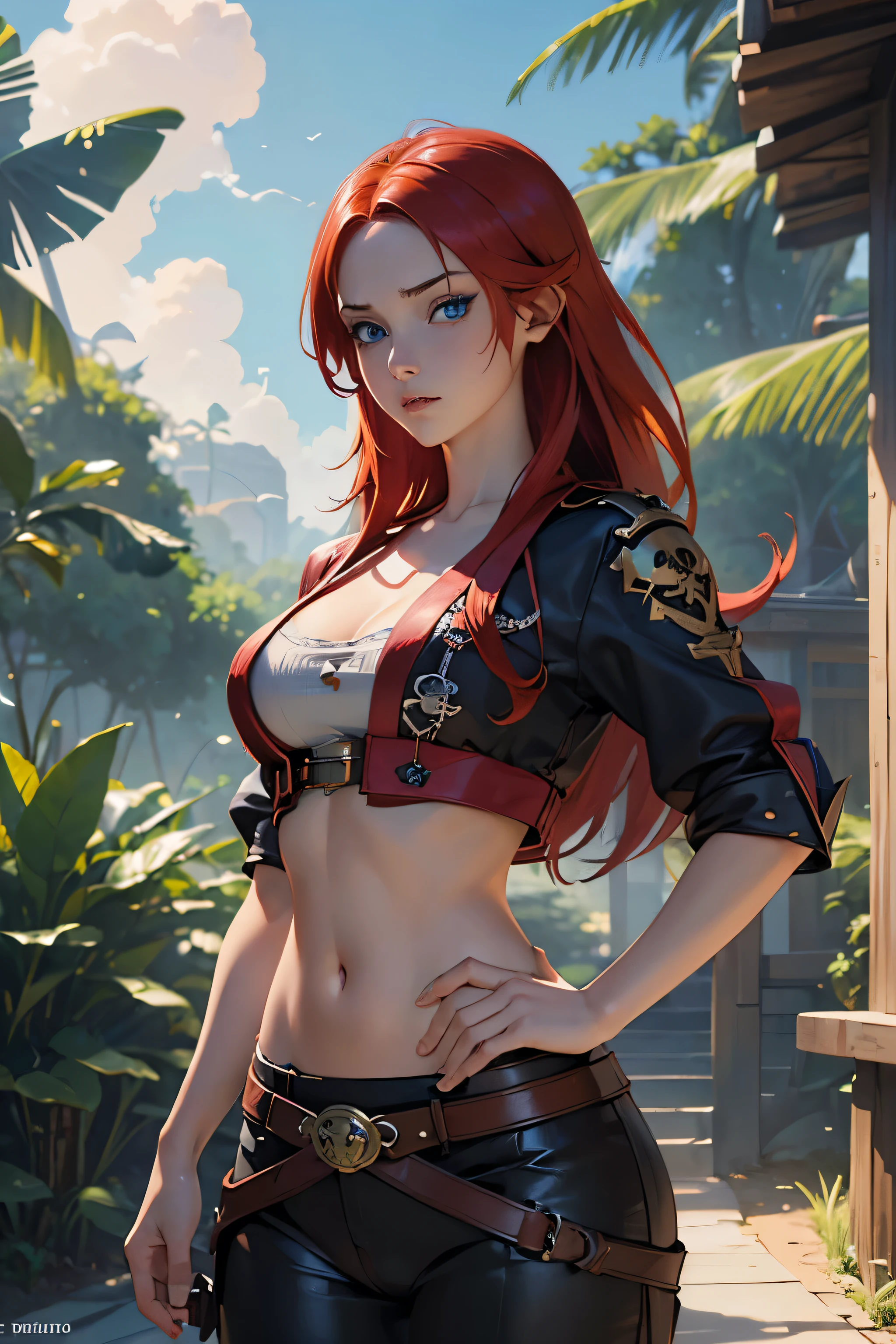 anime, (((portrait of daw))), a woman, (((a red hair))), (((blue eyes))), (((female pirate)), 8k, unreal engine, octane render, by kyun, gamang, Yoon Gon-Ji, g.ho, gosonjak, shuroop, serious, domi, noah, trending on pixiv, fanbox, skeb, masterpiece, smooth soft skin, big dreamy eyes, beautiful intricate colored hair, symmetrical, anime wide eyes, soft lighting, concept art, digital painting,  tropical island,medium breasts, slim waist, medium hips, 