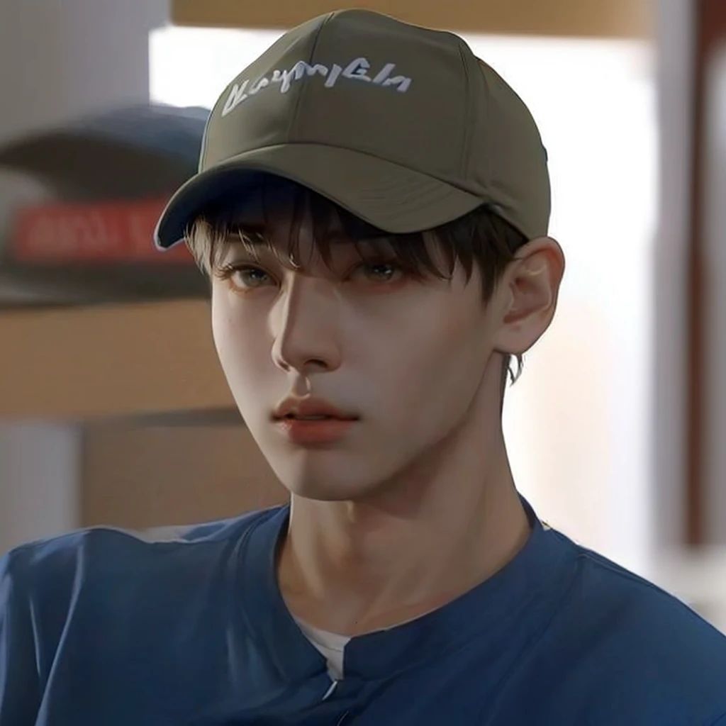 a closeup of a person wearing a hat and blue shirt, kim doyoung, jungkook, Wearing a baseball cap, wearing baseball cap, kim taejin, inspired by Kun Can, jinyoung shin, Jimin\'s grecian nose, Wearing a baseball cap al revés, hyung tae, cai xukun, Wearing a baseball cap, he is wearing a hat
