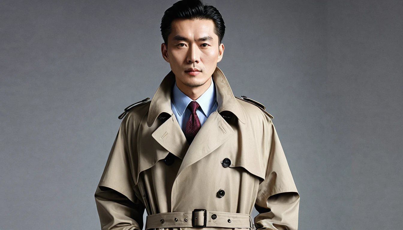1990s,Chinese businessman wearing an international brand trench coat。RAW photos,Best quality,(reality,照⽚reality感:1.3),masterpiece,Extremely exquisite and beautiful,High resolution,Original,Perfect lighting,(Extremely detailed CG:1.2),Unification,2k wallpaper,Amazing,Fine and fine