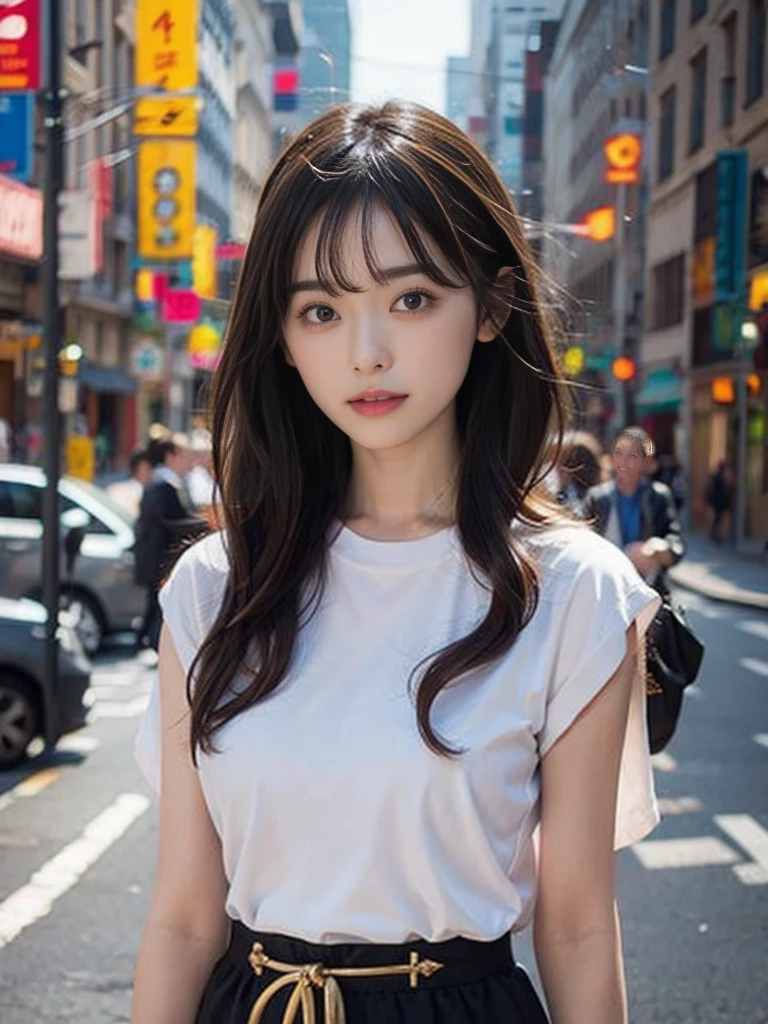 (Noriko Ogawa), girl, alone, Female Model, Mode, City, Cinematic, Gorgeous, skyscraper, elegant, Shiny material. The generated image is、Attracting attention in fashion magazines and on social media、