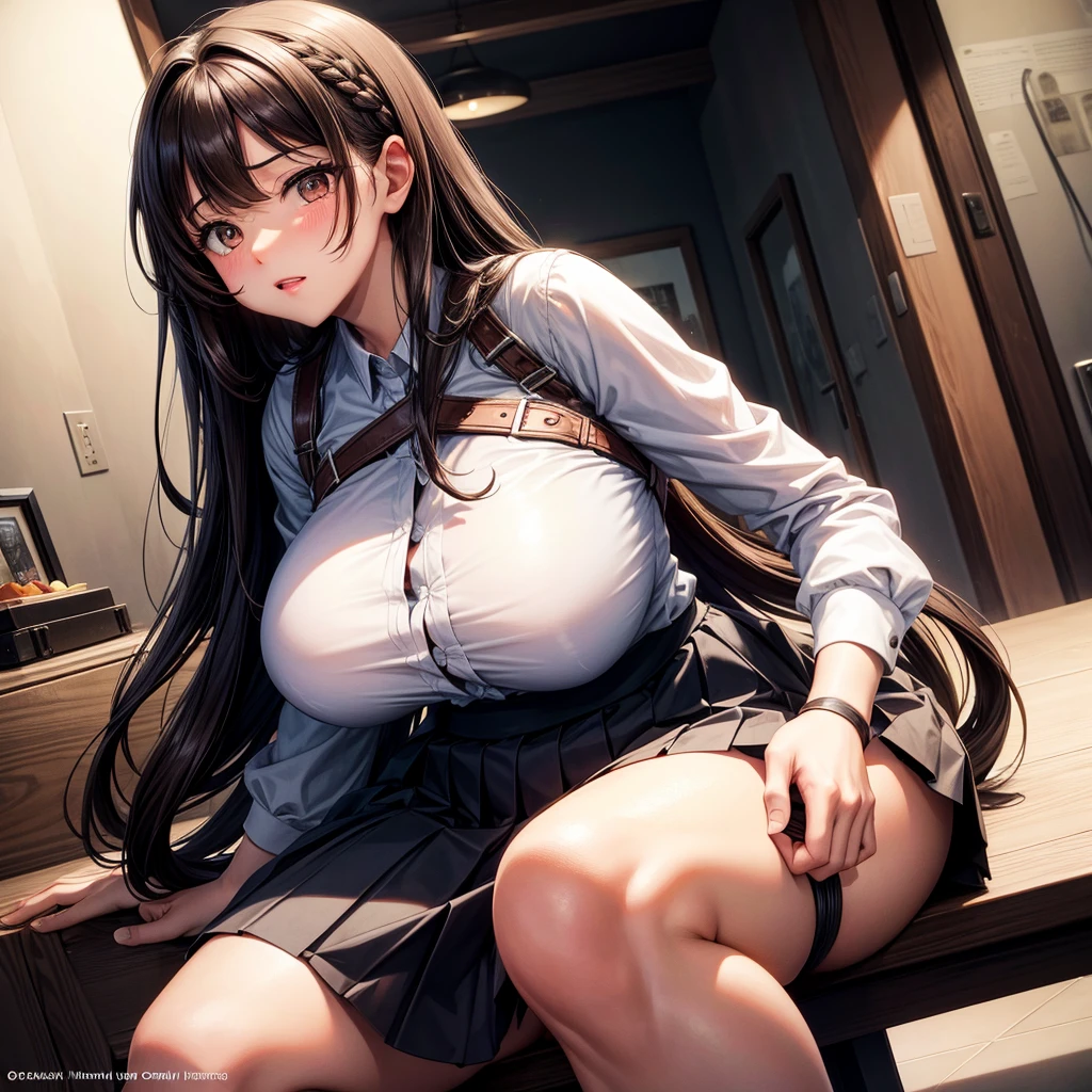 long dark hair / big tits / brown eyes/ lifts up her skirt, sweet innocent face, embarrassment . bondage
