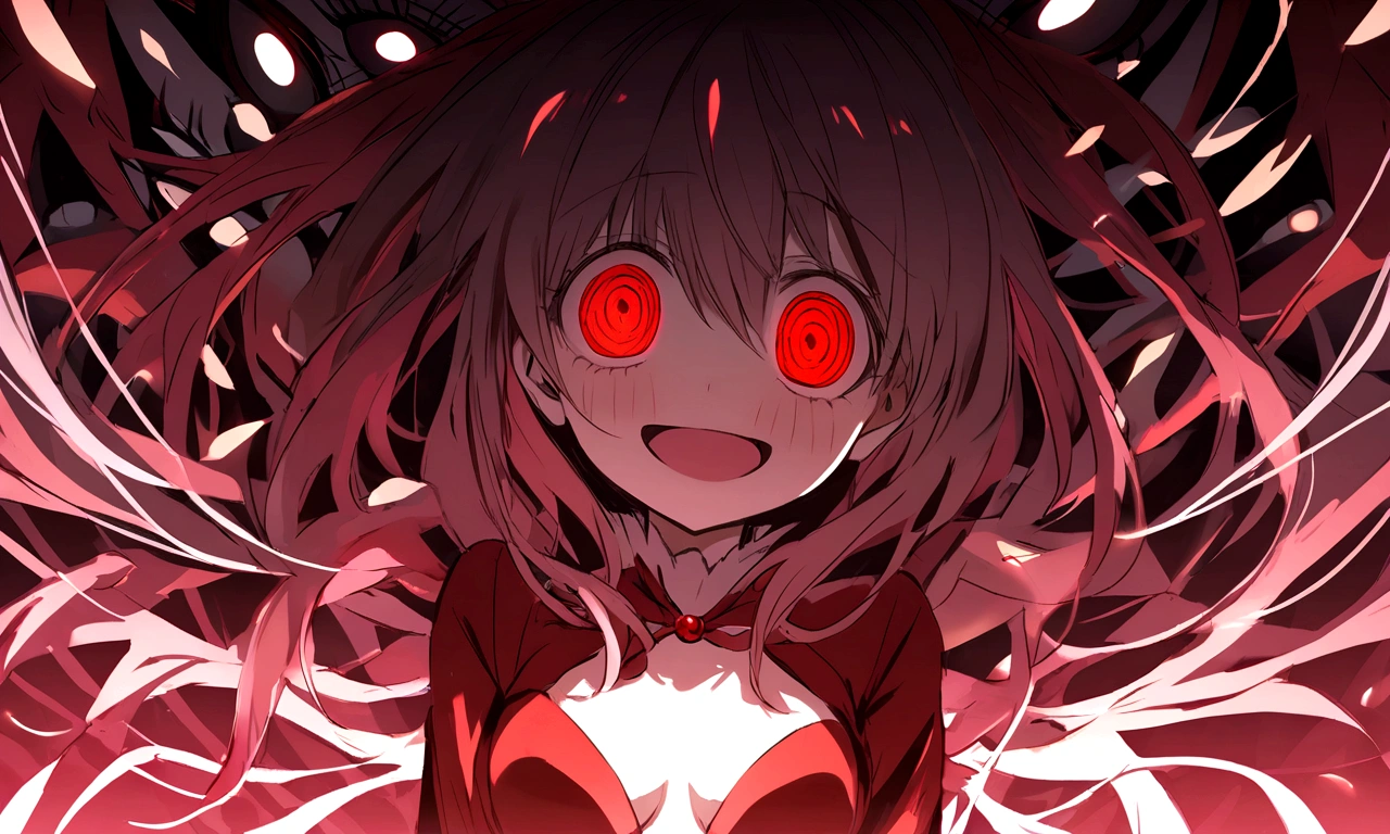 Too many eyes laughing Yandere Crazye girl. Looking. Red Shining eyes.