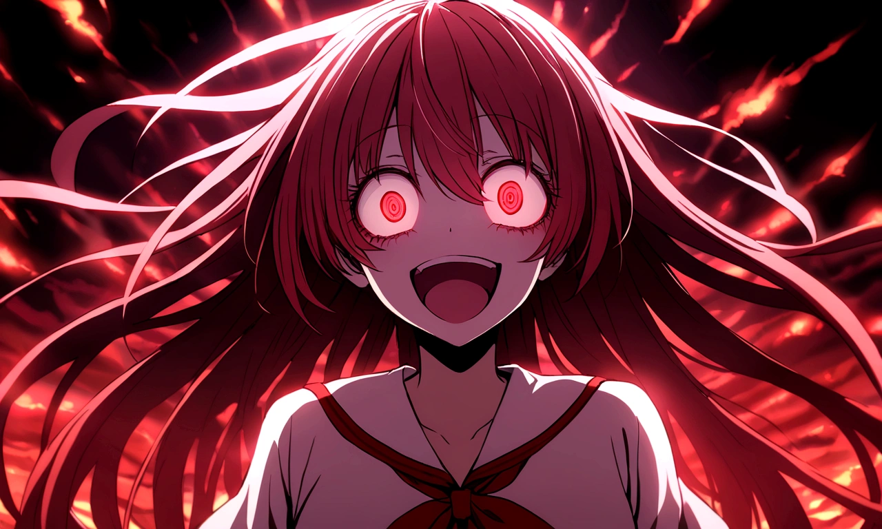 Too many Crazy eyes laughing Yandere Crazy anime girl. Looking. Red Shining eyes.
