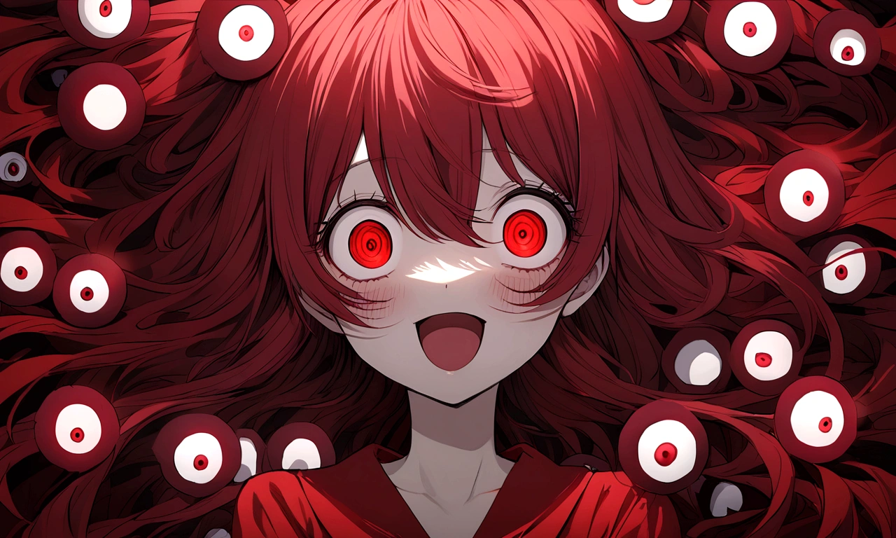 Too many Crazy eyes laughing Yandere Crazy anime girl. Looking. Red Shining eyes.