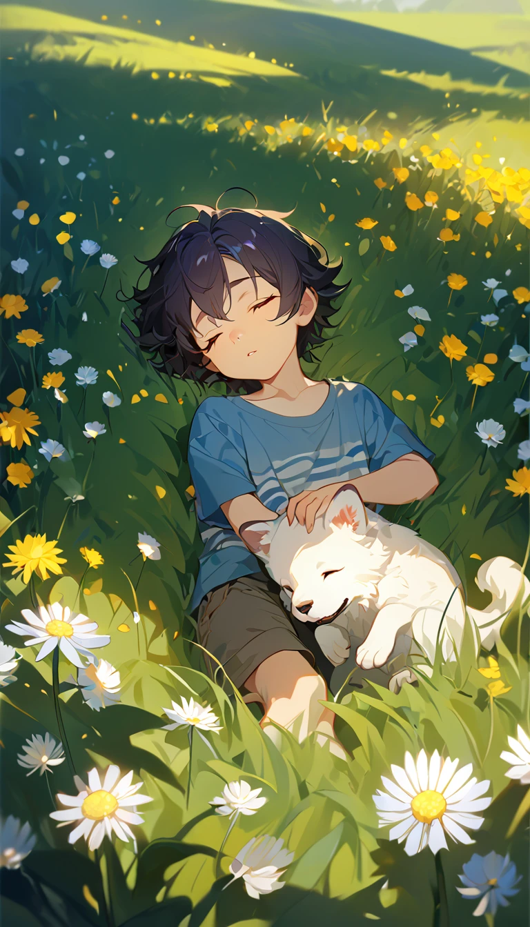 masterpiece, best quality, 8k, 4k, 1boy, kid, sleeping, dark blue hair with red stripes, blue long sleeve shirt, short pale brown pants with pocket, lay down on the field, a small white furry puppy sleeping next to the boy, cute round siberian white puppy, white dandelions fields, dandelions Taraxacum erythrosperm, wind blowing, sleeping on the fields, finely detailed eyes and detailed face, inspired by Asukaziye artist : ask, art style : ask