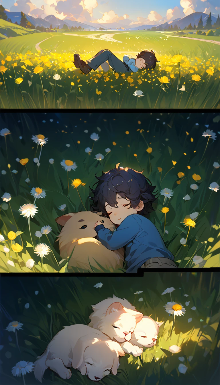 masterpiece, best quality, 8k, 4k, 1boy, kid, sleeping, dark blue hair with red stripes, blue long sleeve shirt, short pale brown pants with pocket, lay down on the field, a small white furry puppy sleeping next to the boy, cute round siberian white puppy, white dandelions fields, dandelions Taraxacum erythrosperm, wind blowing, sleeping on the fields, finely detailed eyes and detailed face, inspired by Asukaziye artist : ask, art style : ask
